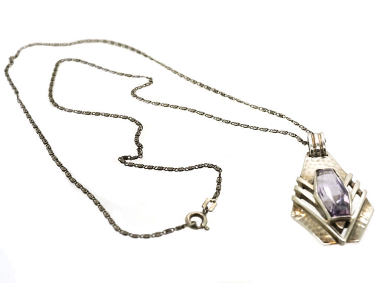 Art Deco Silver & Amethyst Pendant on Silver Chain