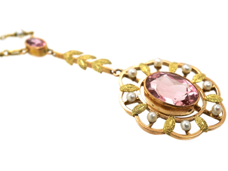 Edwardian 15ct Gold, Pink Tourmaline & natural Split Pearls Pendant
