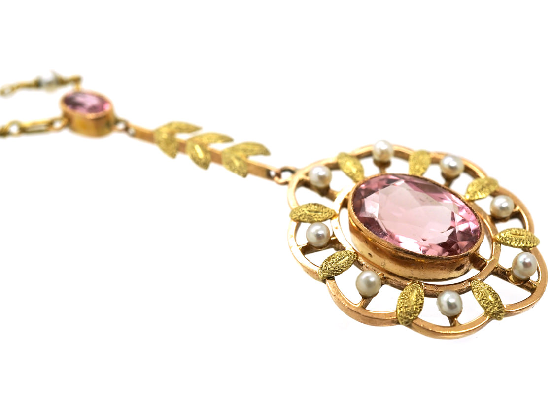 Edwardian 15ct Gold, Pink Tourmaline & natural Split Pearls Pendant ...