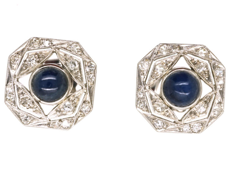 Art Deco Platinum, Cabochon Sapphire & Diamond Octagonal Earrings