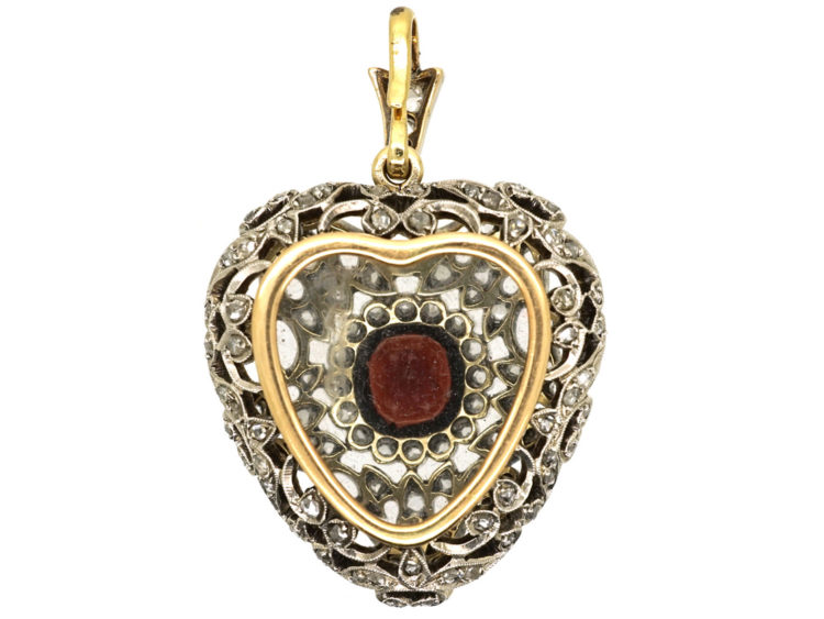 Edwardian Platinum, Garnet & Rose Diamond Studded Heart Pendant With Locket Back in Original Case
