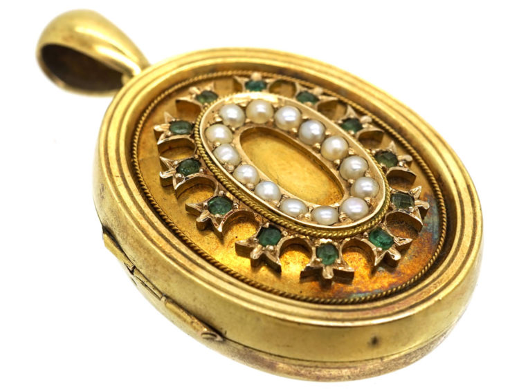 Victorian 15ct Gold Oval Locket Set With Emeralds & Natural Split Pearls