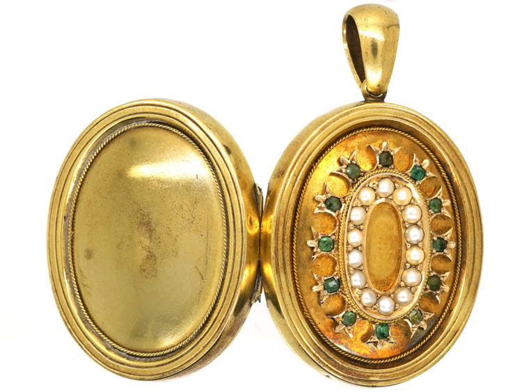 Victorian 15ct Gold Oval Locket Set With Emeralds & Natural Split Pearls