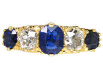 Edwardian 18ct Gold , Burma Sapphire & Diamond Five Stone Carved Half Hoop Ring