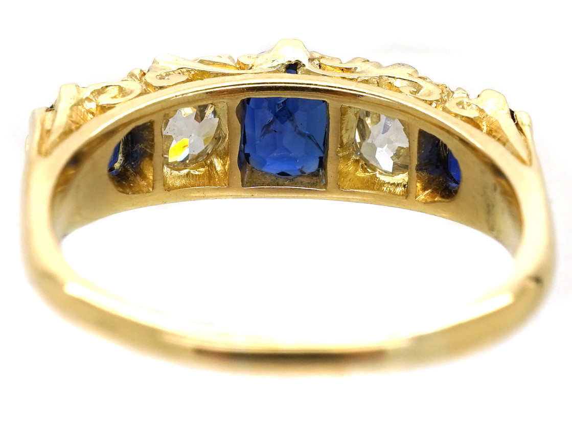 Edwardian 18ct Gold , Burma Sapphire & Diamond Five Stone Carved Half ...