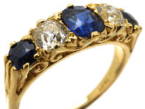 Edwardian 18ct Gold , Burma Sapphire & Diamond Five Stone Carved Half Hoop Ring