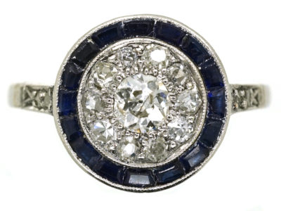 Art Deco Platinum Target Ring Set With Diamonds & Sapphires