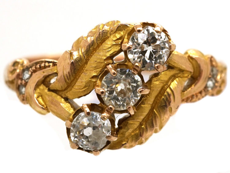 Art Nouveau 18ct Gold Leaves & Diamonds Ring