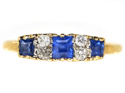 Edwardian 18ct Gold, Three Stone Sapphire & Diamond Ring