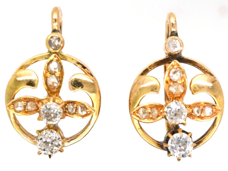 Edwardian 18ct Gold & Diamond Three Petal Flower Earrings