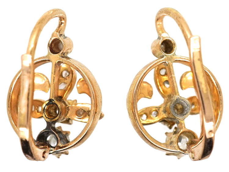 Edwardian 18ct Gold & Diamond Three Petal Flower Earrings