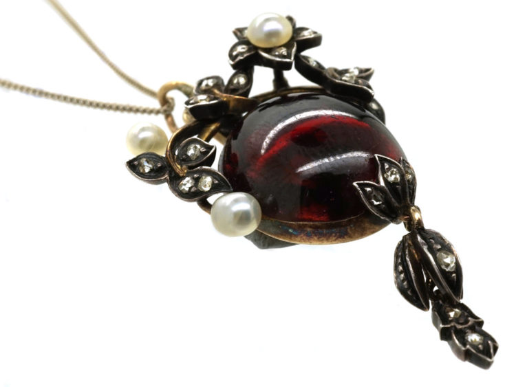 Victorian Cabochon Garnet, Natural Pearl & Rose Diamond Pendant on Chain