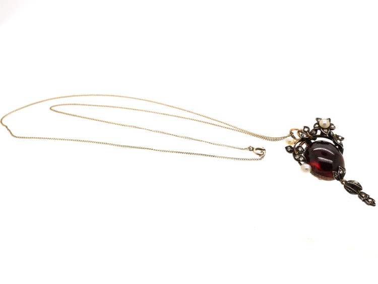 Victorian Cabochon Garnet, Natural Pearl & Rose Diamond Pendant on Chain