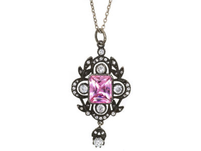 Edwardian Silver, Pink & White Paste Pendant on Silver Chain