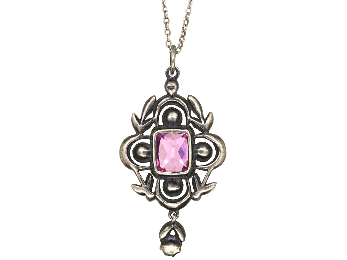 Edwardian Silver, Pink & White Paste Pendant on Silver Chain (793K ...