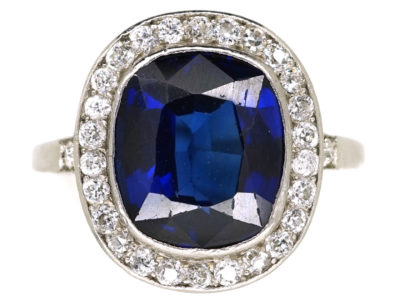 French Art Deco Synthetic Sapphire & Diamond Cluster Ring