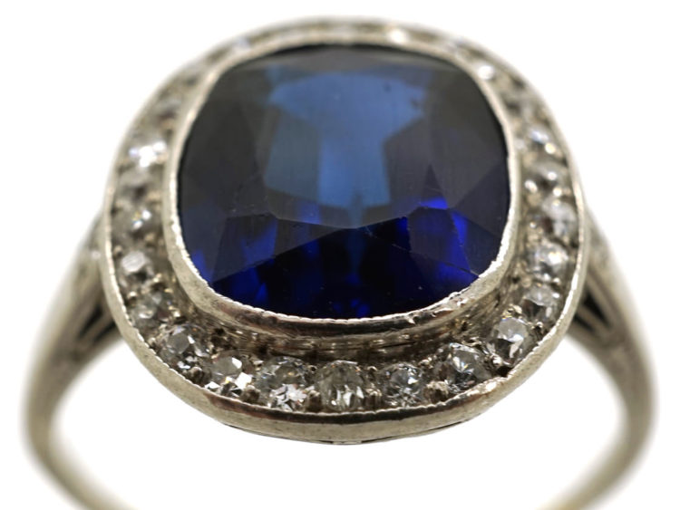 French Art Deco Synthetic Sapphire & Diamond Cluster Ring