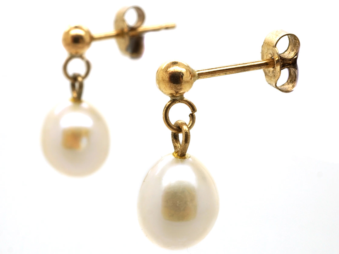 9ct Gold & Large 12mm White Shell Pearl Drop Earrings With Gold Beads
