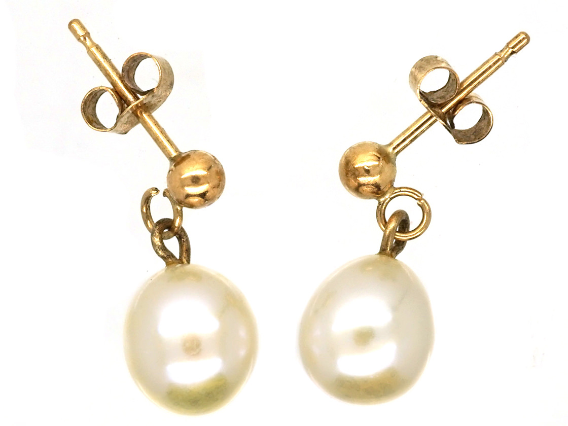 9ct Gold Pearl Drop Earrings 788k The Antique Jewellery Company