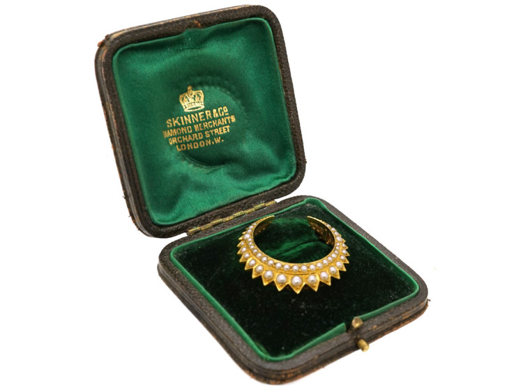 Victorian 15ct Gold & Natural Split Pearl Crescent Brooch in Original Case