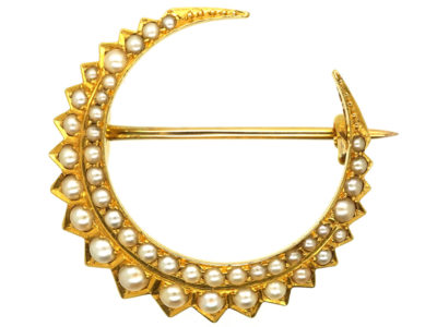 Victorian 15ct Gold & Natural Split Pearl Crescent Brooch in Original Case
