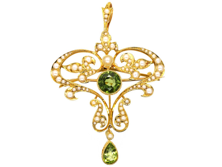 Edwardian 15ct Gold, Peridot & Natural Split Pearl Pendant
