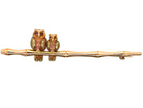 Edwardian Two Colour 15ct Gold Mother & Baby Owl on a Branch Brooch