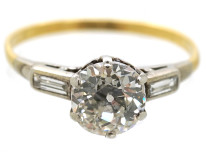 Art Deco 18ct Gold & Platinum, Diamond Solitaire Ring With Baguette Diamond Shoulders