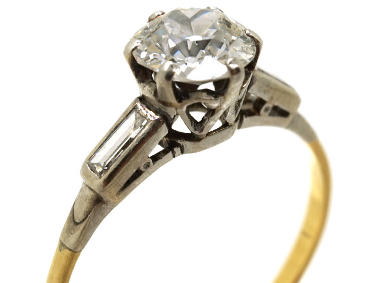 Art Deco 18ct Gold & Platinum, Diamond Solitaire Ring With Baguette Diamond Shoulders