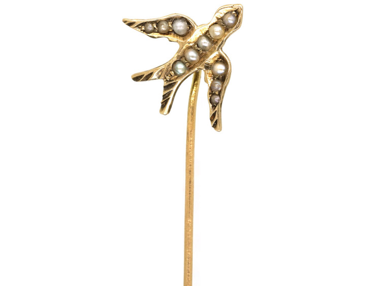 Edwardian 9ct Gold Swallow Tie Pin Set With Natural Split Pearls