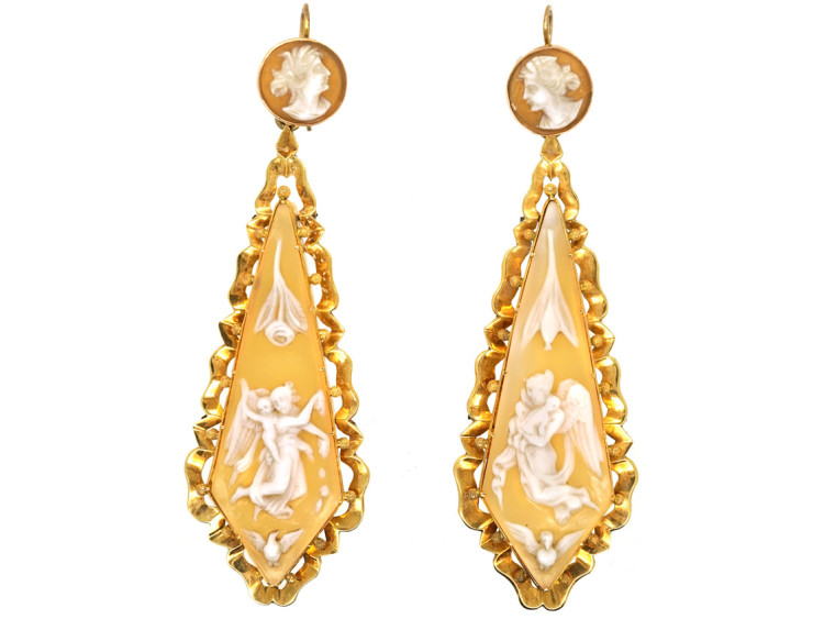 Victorian 18ct Gold Long Drop Cameo Earrings of Guardian Angels