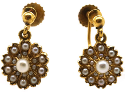 Edwardian 15ct Gold Pearl Flower Cluster Earrings
