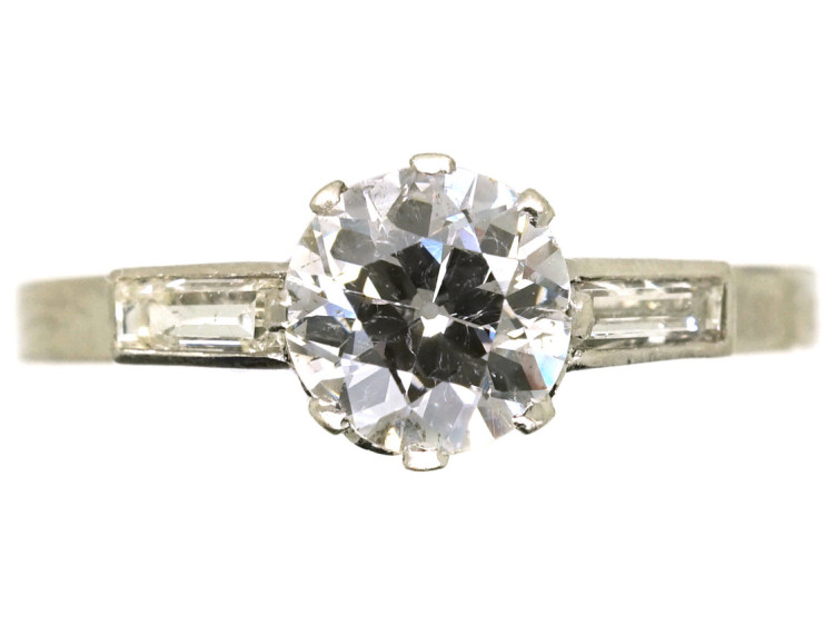 Art Deco Platinum & Diamond Solitaire Ring With Baguette Diamond Shoulders