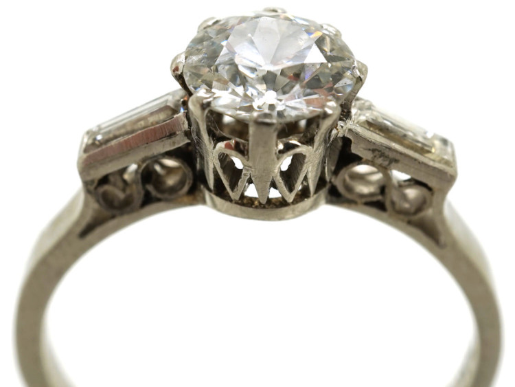 Art Deco Platinum & Diamond Solitaire Ring With Baguette Diamond Shoulders