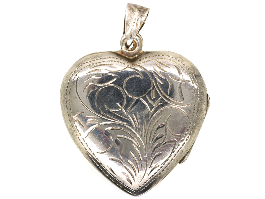 Engraved Silver Heart Shaped Locket (290G) | The Antique Jewellery Company