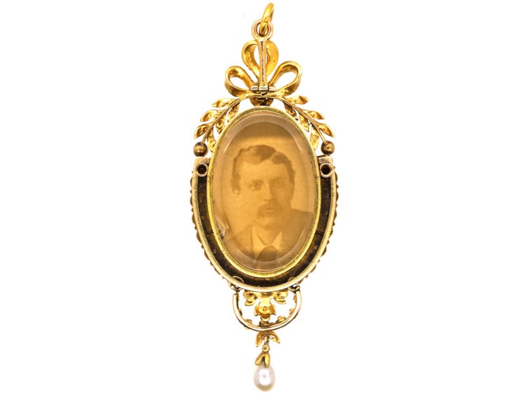 Victorian 18ct Gold, natural Split Pearl & Enamel Miniature Pendant