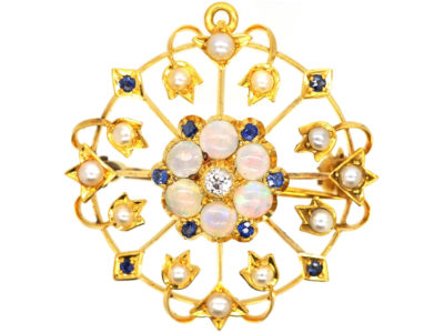 Edwardian 15ct Gold, Opal, Natural Pearl, Sapphire & Diamond Brooch