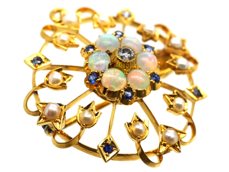 Edwardian 15ct Gold, Opal, Natural Pearl, Sapphire & Diamond Brooch