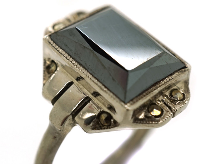 French Art Deco Silver, Haematite & Marcasite Ring