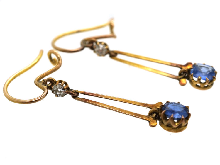 Edwardian 15ct Gold, Sapphire & Diamond Drop Earrings