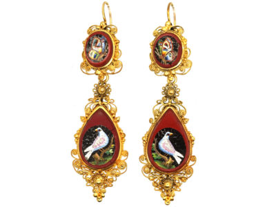 Regency 18ct Gold Micro Mosaic Earrings of Birds & Butterflies