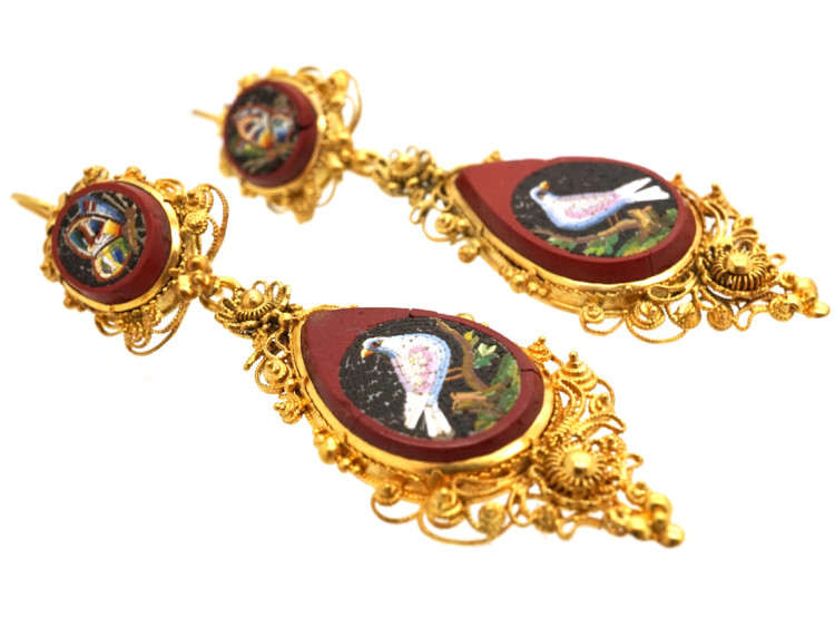 Regency 18ct Gold Micro Mosaic Earrings of Birds & Butterflies