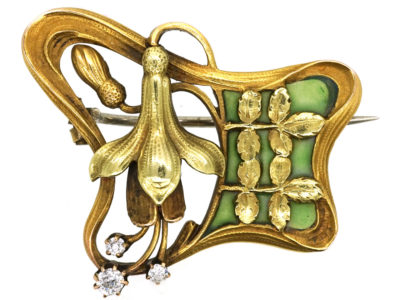 French 18ct Two Colour Gold Art Nouveau Plique-à-Jour & Diamond Fuchsia Brooch