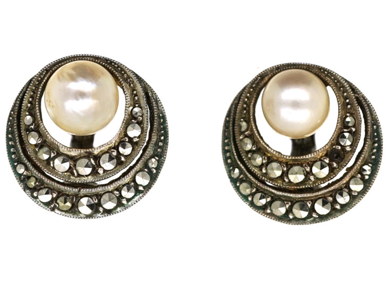 Art Deco Silver, Marcasite & Pearl Clip On Earrings