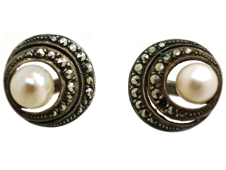 Art Deco Silver, Marcasite & Pearl Clip On Earrings