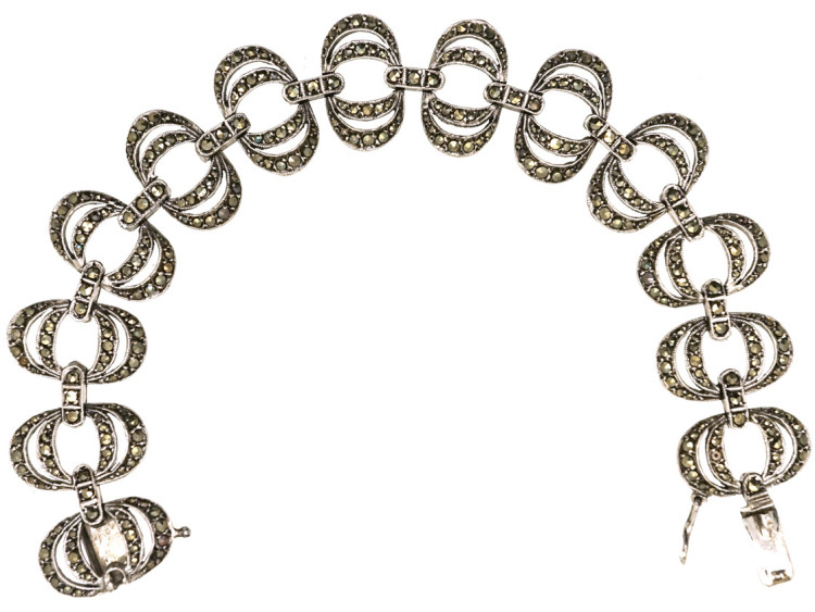 Art Deco Silver & Marcasite Interlinking Rings Bracelet