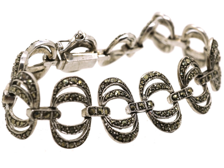 Art Deco Silver & Marcasite Interlinking Rings Bracelet