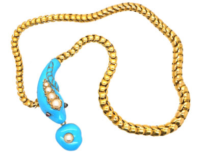 Victorian 18ct Gold, Turquoise Enamel, Natural Split Pearl, Ruby & Rose Diamond Snake Necklace