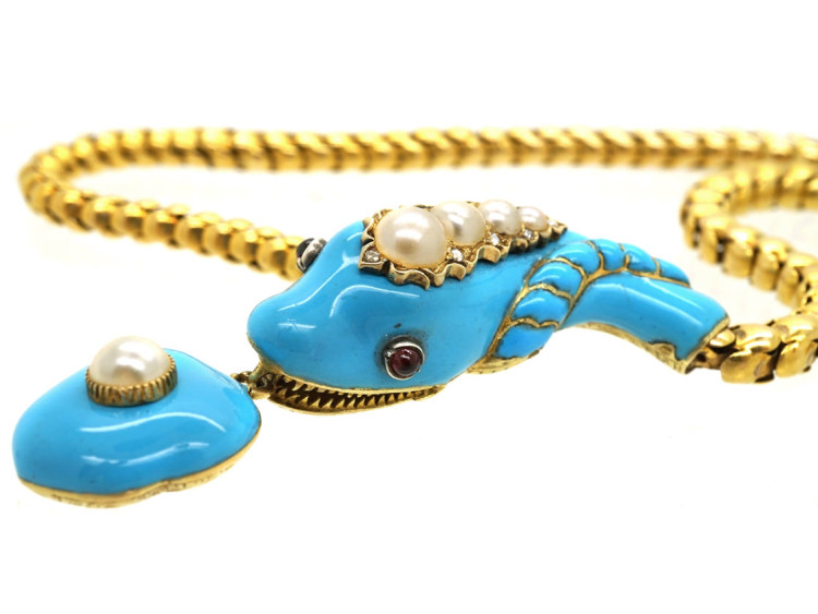 Victorian 18ct Gold, Turquoise Enamel, Natural Split Pearl, Ruby & Rose Diamond Snake Necklace