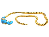 Victorian 18ct Gold, Turquoise Enamel, Natural Split Pearl, Ruby & Rose Diamond Snake Necklace
